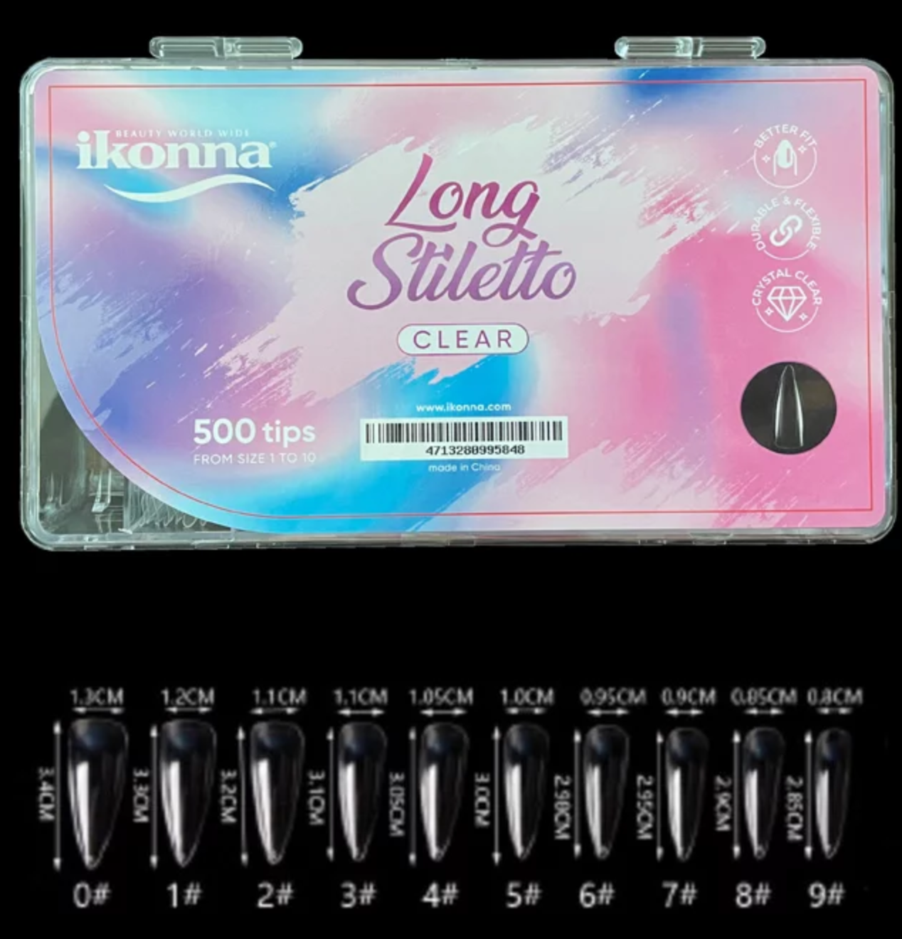 Full Cover Long Stiletto Tips, 10 sizes, 500 ct, Clear