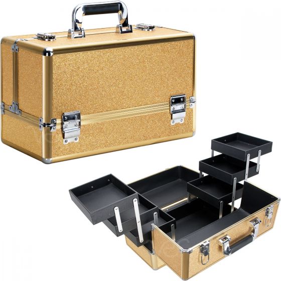 Gold Glitter 6-Tiers Accordion Trays Professional Cosmetic Makeup Train Case
