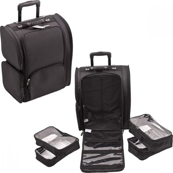 All Black Soft-Sided Professional Rolling Makeup Case With Removeable Clear Bags