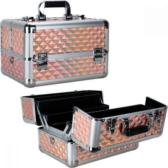 Rose Gold Holographic Diamond 4 Extendable Trays Professional Cosmetic Makeup Case With Dividers