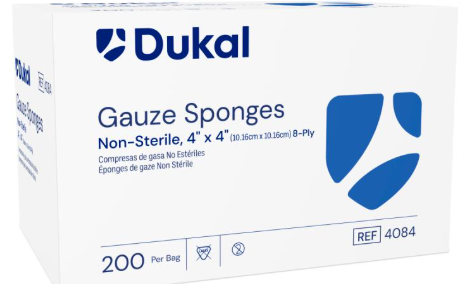 Dukal Non-Sterile Gauze Sponges, 8-Ply, 4" x 4" 200/BG, 20