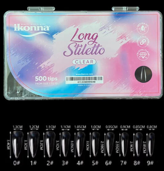 Full Cover Long Stiletto Tips, 10 sizes, 500 ct, Clear