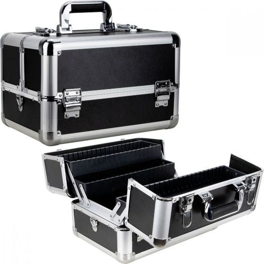 Black Matte 4 Extendable Trays Professional Cosmetic Makeup Case With Dividers
