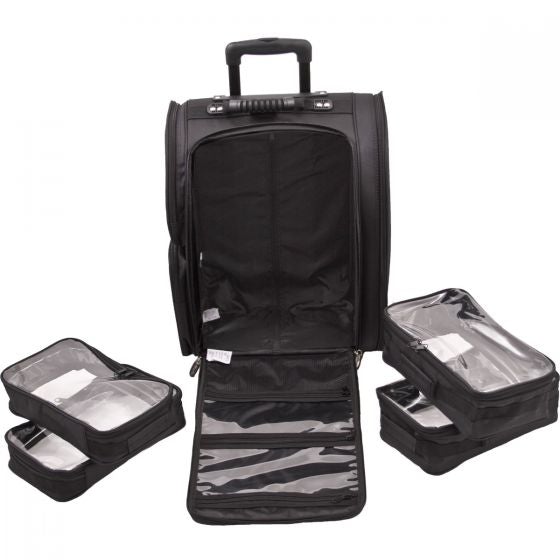 All Black Soft-Sided Professional Rolling Makeup Case With Removeable Clear Bags