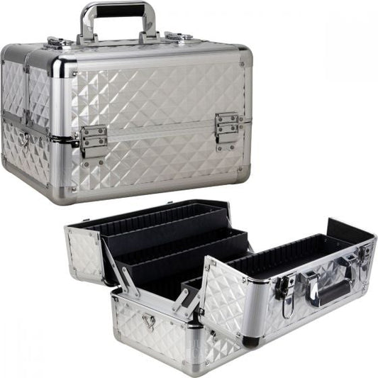 Silver Diamond 4 Extendable Trays Professional Cosmetic Makeup Case With Dividers