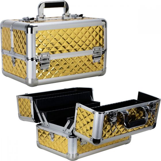Gold Diamond 4 Extendable Trays Professional Cosmetic Makeup Case With Dividers