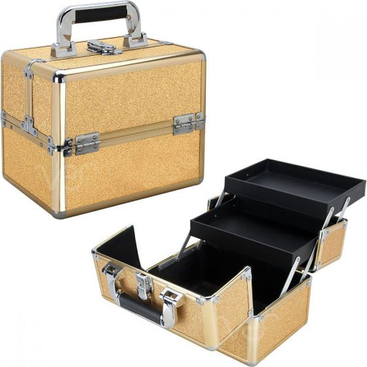 Gold Glitter 2-Tiers Extendable Trays Makeup Train Case