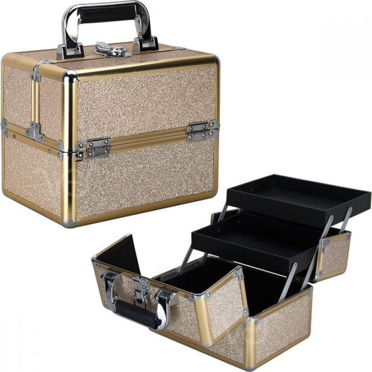 Champagne Glitter 2-Tiers Extendable Trays Makeup Train Case